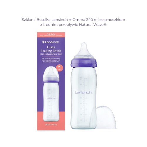 Szklana Butelka Lansinoh mOmma 240 ml ze smoczkiem o średnim przepływie Natural Wave®