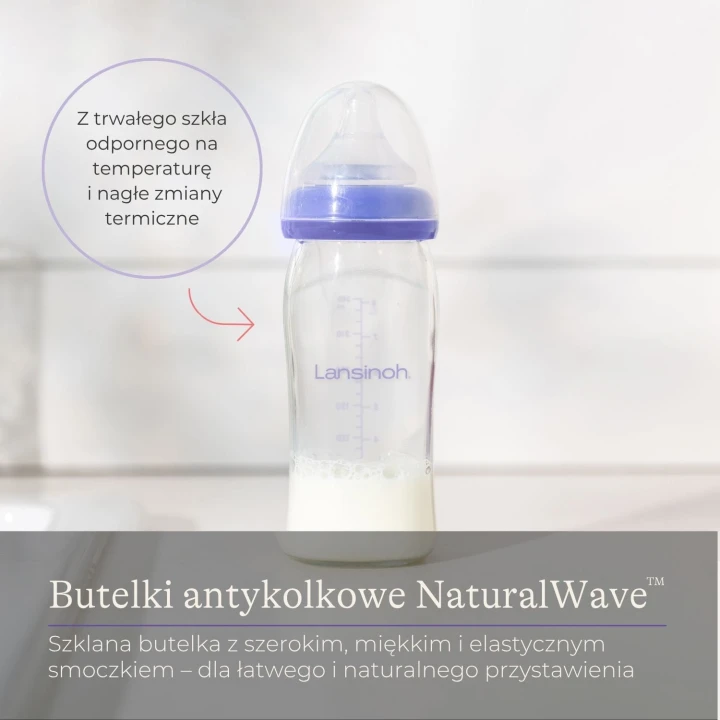 Szklana Butelka Lansinoh mOmma 160 ml ze smoczkiem o wolnym przepływie Natural Wave®